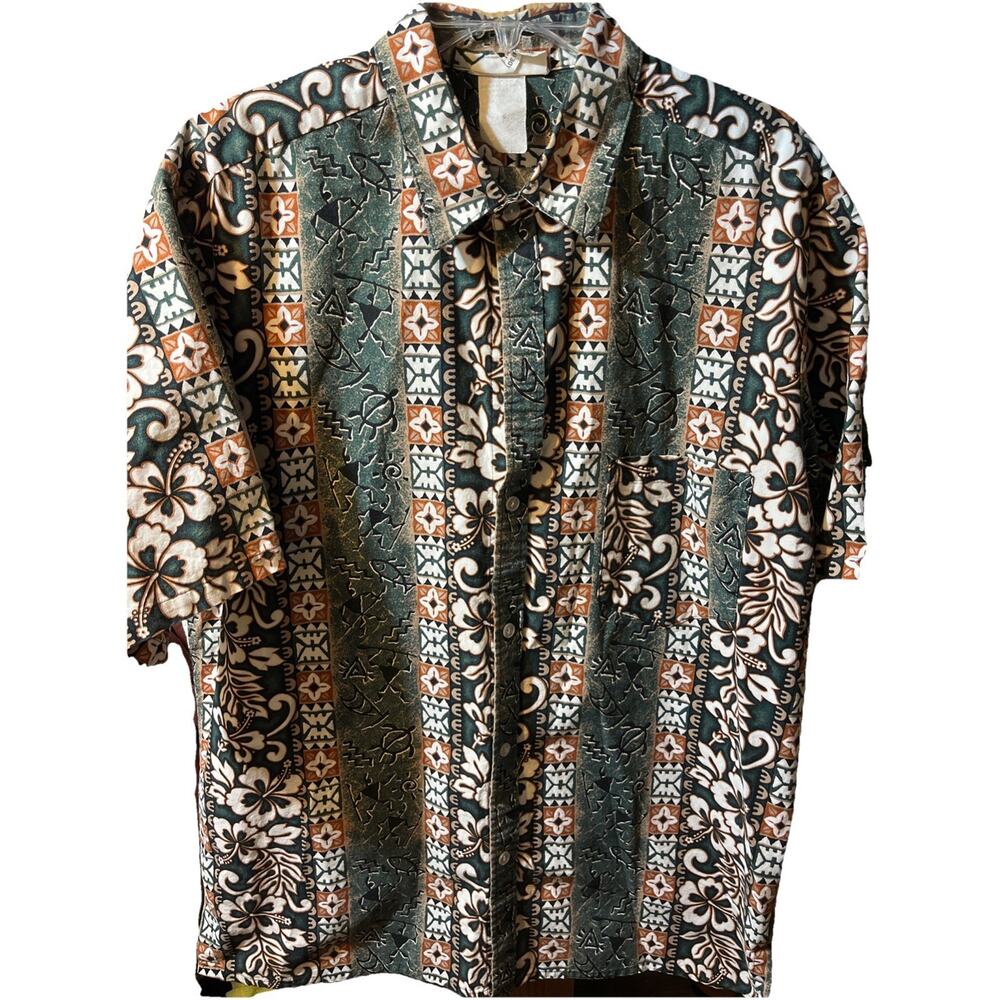 Malihini Vintage Men’s XXL Green Tribal Short Sleeve Button Up Hawaiian Shirt